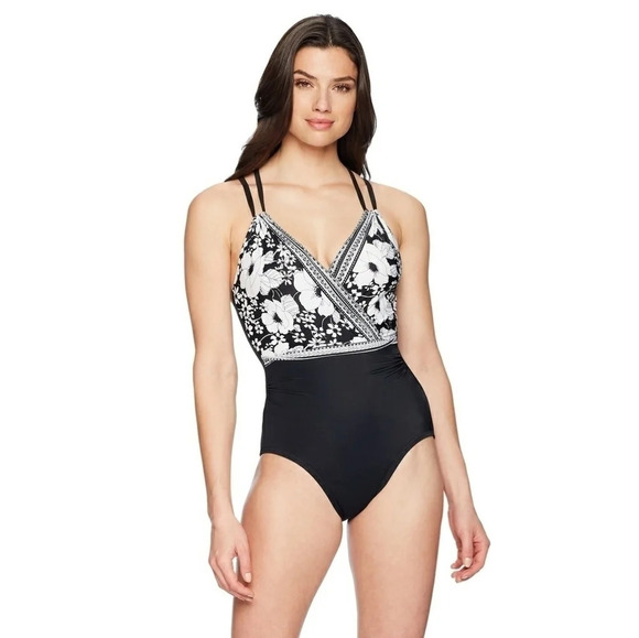 *NWOT* Coastal Blue Halter Wrap Tummy Control Black One Piece - Picture 1 of 6